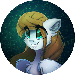 Size: 3500x3500 | Tagged: safe, artist:airfly-pony, oc, oc:scarlett drop, pony, bust, cheek fluff, chest fluff, ear fluff, eye clipping through hair, female, portrait, rcf community, smiling, solo, wing fluff