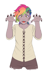 Size: 1250x1920 | Tagged: safe, artist:nubeinvernal, oc, oc:rainbow feather, human, claws, cloths, ear piercing, earring, horned humanization, horns, humanized, interspecies offspring, jewelry, magical lesbian spawn, offspring, parent:gilda, parent:rainbow dash, parents:gildash, piercing, rawr, solo