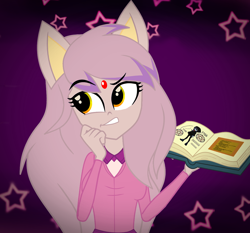 Size: 1160x1080 | Tagged: safe, artist:galacticflashd, oc, oc:catty blaze, oc:ferrier nice, equestria girls, book, clothes, ears, female, pentagram, solo, stars, thinking