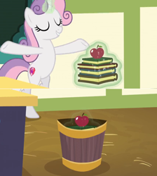 Size: 1600x1788 | Tagged: safe, edit, edited screencap, screencap, sweetie belle, growing up is hard to do, apple, being big is all it takes, book, chalkboard, comic, dropping, food, levitation, magic, older, older sweetie belle, open arms, screencap comic, solo, stack, telekinesis, trash, trash can