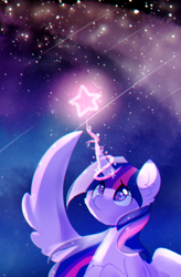 Size: 800x1217 | Tagged: safe, artist:dddreamdraw, twilight sparkle, twilight sparkle (alicorn), alicorn, pony, cheek fluff, chest fluff, colored pupils, cute, ear fluff, eye clipping through hair, magic, magic aura, night, shooting star, sky, solo, spread wings, starry night, stars, twiabetes, wings