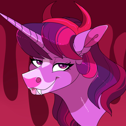 Size: 2000x2000 | Tagged: safe, artist:uunicornicc, twilight sparkle, alicorn, pony, :p, body painting, bust, clothes, costume, cute, devil horns, fake fangs, fake horn, female, floppy ears, halloween, halloween costume, headband, lidded eyes, looking at you, mare, smiling, solo, tongue out, twiabetes