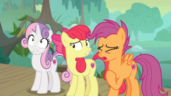 Size: 1600x900 | Tagged: safe, screencap, apple bloom, scootaloo, sweetie belle, growing up is hard to do, cutie mark, cutie mark crusaders, hayseed swamp, older, older apple bloom, older cmc, older scootaloo, older sweetie belle, stomach ache, swamp, the cmc's cutie marks, worried