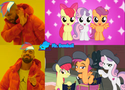 Size: 2500x1800 | Tagged: safe, edit, edited screencap, editor:mr. gumball, screencap, apple bloom, scootaloo, sweetie belle, growing up is hard to do, cutie mark, cutie mark crusaders, hotline bling, meme, older, older apple bloom, older cmc, older scootaloo, older sweetie belle, the cmc's cutie marks