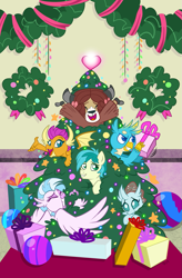 Size: 1179x1800 | Tagged: safe, artist:nanook123, idw, gallus, ocellus, sandbar, silverstream, smolder, yona, spoiler:comic, spoiler:comicholiday2019, christmas, christmas presents, christmas tree, cover, cute, diaocelles, diastreamies, gallabetes, hearth's warming, hearth's warming eve, heartwarming, holiday, sandabetes, smolderbetes, student six, tree, wreath, yonadorable