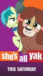 Size: 1080x1921 | Tagged: safe, sandbar, yona, earth pony, pony, yak, she's all yak, arguments on the comments, blushing, bow, bowtie, facebook, female, grin, hair bow, male, official, shipping, shipping fuel, smiling, straight, text, yonabar