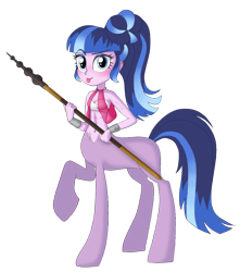 Size: 1235x1397 | Tagged: safe, artist:unoriginai, oc, oc only, oc:half-light, centaur, hybrid, taur, equestria girls, :p, abs, blushing, female, next generation, offspring, parent:flash sentry, parent:twilight sparkle, parents:flashlight, staff, tongue out