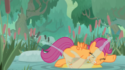 Size: 1600x900 | Tagged: safe, screencap, scootaloo, bufogren, growing up is hard to do, cattails, forest, older, older scootaloo, slipping, solo, splash, swamp