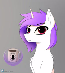 Size: 1929x2160 | Tagged: safe, artist:hevityaus, oc, pony, unicorn, coffee, levitation, magic, purple hair, raised eyebrow, solo, telekinesis, watermark, white coat