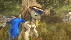 Size: 1920x1080 | Tagged: safe, artist:pesty_skillengton, artist:silvernote, oc, oc only, oc:record melodie, pegasus, pony, 3d, butt, fedora, forest, hat, looking at you, male, nudity, plot, source filmmaker, stallion