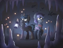 Size: 1018x785 | Tagged: safe, artist:saxopi, oc, bat, bat pony, firefly (insect), pony, unicorn, bat pony oc, cave, lantern