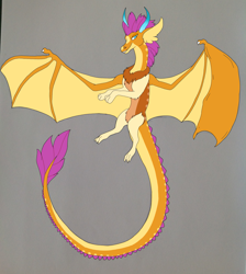 Size: 1887x2107 | Tagged: safe, artist:nightshade2004, smolder, draconequus, colored horn, draconequified, female, gray background, horn, simple background, solo, species swap, spread wings, wings
