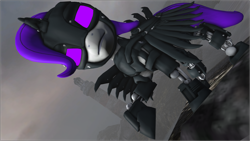 Size: 3840x2160 | Tagged: safe, artist:awgear, oc, oc:morning glory (project horizons), cyborg, pony, fallout equestria, fallout equestria: project horizons, amputee, cyber alicorn, cyber pony, fanfic art, fog, folded wings, gray coat, lighthouse, prosthetics, purple eyes, purple mane, purple tail, wings