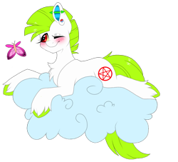 Size: 1065x968 | Tagged: safe, artist:melodytheartpony, oc, butterfly, earth pony, pony, cloud, cute, female, fluffy, one eye closed, piercing, wink