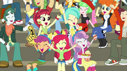 Size: 1280x720 | Tagged: safe, screencap, apple bloom, curly winds, drama letter, golden hazel, normal norman, paisley, rose heart, sandalwood, scootaloo, scott green, some blue guy, sweetie belle, tennis match, valhallen, velvet sky, watermelody, wiz kid, equestria girls, friendship games, background human, care root, clothes, cutie mark crusaders, foam finger, pants, shoes, sneakers
