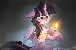 Size: 1280x843 | Tagged: safe, artist:ramiras, twilight sparkle, twilight sparkle (alicorn), alicorn, pony, the beginning of the end, broken, crying, element of honesty, elements of harmony, female, floppy ears, mare, sad, scene interpretation, scratches, solo, underhoof