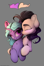 Size: 2000x3000 | Tagged: safe, artist:skitsroom, oc, oc only, oc:eleane tih, oc:mayata, pegasus, pony, unicorn, blushing, cloud, cute, eyes closed, female, frown, happy, heart, heart eyes, horn, looking back, love, magic, mare, raised hoof, shipping, simple background, wingding eyes