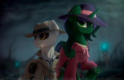 Size: 5155x3350 | Tagged: safe, artist:avastin4, oc, oc:virescent, pony, fallout equestria, fallout equestria: commonwealth, fallout equestria: commonwealth - fog harbour, artificial alicorn, fanfic art, nick valentine, synth