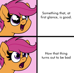 Size: 1404x1389 | Tagged: safe, artist:moonatik, scootaloo, pegasus, pony, bust, dilated pupils, eyes on the prize, female, filly, frown, happy, looking up, meme, meme template, open mouth, shocked, simple background, solo, surprised, text, transparent background, wide eyes