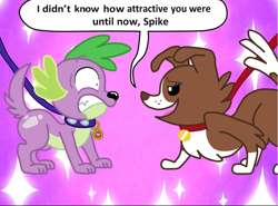 Size: 1021x757 | Tagged: safe, artist:mlpegasis4898, spike, spike the regular dog, winona, dog, equestria girls, bed room eyes, bedroom eyes, collar, exploitable meme, female, flirty, imminent sex, leash, long neck, male, meme, nope.avi, seductive, seductive look, seductive pose, shipping, shocked, spinona, straight, wingding eyes