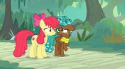 Size: 1600x892 | Tagged: safe, screencap, apple bloom, spur, growing up is hard to do, concerned, cutie mark, forest, neckerchief, older, older apple bloom, road, the cmc's cutie marks, worried