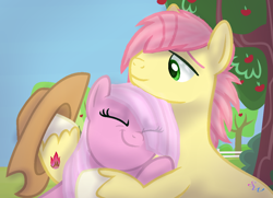 Size: 1036x752 | Tagged: safe, artist:brendalobinha, artist:frozen-heart667, oc, oc:greenhy, oc:sugar candy, pony, apple tree, base used, cowboy hat, eyes closed, female, hat, hat off, hug, male, mare, oc x oc, offspring, parent:big macintosh, parent:cheese sandwich, parent:fluttershy, parent:pinkie pie, parents:cheesepie, parents:fluttermac, shipping, stallion, straight, tree