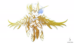 Size: 2200x1302 | Tagged: safe, artist:zidanemina, oc, oc:rood, oc:sagittarius rood, alicorn, armor, crossover, flying, gold armor, gold cloth, looking at something, male, sagittarius, saint seiya, simple background, sketch, solo, stallion, white background, winged unicorn