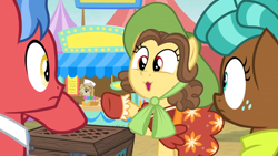 Size: 1600x900 | Tagged: safe, screencap, biscuit, jeff letrotski, spur, pony, growing up is hard to do, box, candy, chest, clothes, dress, food, food stand, hat, lollipop, may fair, neckerchief, sun hat, vendor