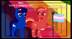 Size: 1650x900 | Tagged: safe, artist:fskindness, oc, oc only, earth pony, pegasus, pony, earth pony oc, gay, gay pride, gay pride flag, lgbt, lgbt flag, male, pegasus oc, pride, pride flag, text, transgender