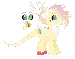 Size: 602x472 | Tagged: safe, artist:lynxxit, oc, oc:golden fair, antlers, base used, bio in the source, colored sclera, colored wings, colored wingtips, cutie mark, draconequus hybrid, facial hair, fangs, freckles, goatee, magical threesome spawn, male, multiple parents, next generation, parent:big macintosh, parent:discord, parent:fluttershy, parents:discomacshy, reference sheet, simple background, solo, stallion, transparent background, unshorn fetlocks