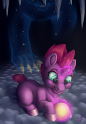 Size: 2654x3790 | Tagged: safe, artist:cuervo-of-cristal, fizzlepop berrytwist, tempest shadow, pony, unicorn, ursa minor, my little pony: the movie, ball, behind you, blank flank, cave, claws, duo, female, filly, glowing horn, horn, magic, smiling, teeth, telekinesis, this will end in tears, younger