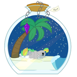 Size: 1800x1800 | Tagged: safe, artist:ponkus, oc, pegasus, pony, beach, bottle, cute, female, gem, mare, night, palm tree, peaceful, pony in a bottle, simple background, sleeping, solo, stars, transparent background, trapped, tree, water, wave