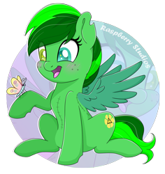 Size: 1527x1621 | Tagged: safe, artist:raspberrystudios, oc, oc only, oc:shining emerald, butterfly, pegasus, pony, chibi, commission, cute, heterochromia, pegasus oc, scar