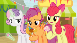 Size: 1600x900 | Tagged: safe, screencap, apple bloom, scootaloo, sweetie belle, growing up is hard to do, banner, candy, carnival, cone, cutie mark, cutie mark crusaders, deep fried, food, food stand, levitation, lollipop, magic, older, older apple bloom, older cmc, older scootaloo, older sweetie belle, telekinesis, tent, the cmc's cutie marks