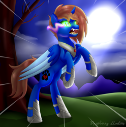 Size: 4309x4349 | Tagged: safe, artist:raspberrystudios, oc, oc only, oc:midnight luna, alicorn, pony, alicorn oc, armor, commission, full moon, hoof shoes, magic, moon, nightmare, rearing, solo, sombra eyes, ych result