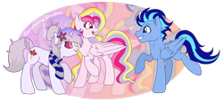 Size: 6577x2987 | Tagged: safe, artist:raspberrystudios, oc, oc only, oc:aurelia charm, oc:jet stream, oc:orchidea loitsu, alicorn, changeling, alicorn oc, changeling oc, clothes, commission, happy, pegasus oc, scarf