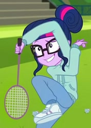 Size: 496x696 | Tagged: safe, screencap, sci-twi, twilight sparkle, better together, equestria girls, stressed in show, stressed in show: rainbow dash, badminton, clothes, cropped, female, glasses, hair bun, hoodie, shuttlecock, smiling, solo, tennis racket