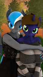 Size: 1080x1920 | Tagged: safe, artist:kowalskicore, oc, oc only, oc:diamond azure, oc:katharina lazuli, anthro, bat pony, unicorn, 3d, bat pony oc, cute, hug, source filmmaker