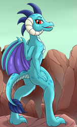 Size: 1217x2000 | Tagged: safe, artist:orangejuicerus, princess ember, dragon, canyon, dragoness, female, hand on hip, looking at you, looking back, looking back at you, open mouth, princess embutt, solo, wings