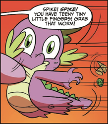 Size: 421x483 | Tagged: safe, artist:amy mebberson, idw, spike, twilight sparkle, dragon, spoiler:comic, spoiler:comic15, context is for the weak, cropped, male, official comic, offscreen character, orange background, out of context, simple background, solo focus, speech bubble