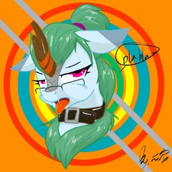 Size: 960x960 | Tagged: safe, artist:龙宠, kirin, blah blah blah, chinese, fangs, female, glasses, solo, tongue out