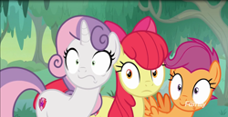 Size: 1782x918 | Tagged: safe, screencap, apple bloom, scootaloo, sweetie belle, earth pony, pegasus, pony, unicorn, growing up is hard to do, cutie mark, cutie mark crusaders, older, older apple bloom, older cmc, older scootaloo, older sweetie belle, surprised, the cmc's cutie marks