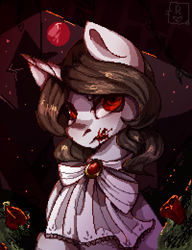 Size: 1000x1300 | Tagged: safe, artist:rottengotika, oc, oc only, oc:paint rose, oc:the countess, pony, undead, unicorn, vampire, vampony, blood moon, clothes on pony, detailed background, dracula, minor blood, moon, nom, pixel art, present, red eyes, solo, unicorn oc