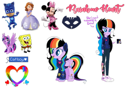 Size: 1112x784 | Tagged: safe, artist:noreencreatesstuff, twilight sparkle, twilight sparkle (alicorn), oc, oc only, alicorn, equestria girls, catboy, copy and paste, minnie mouse, pj masks, princess sofia, simple background, sofia the first, spongebob squarepants, transparent background