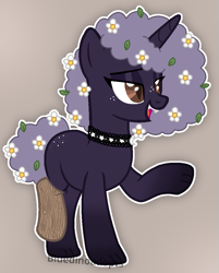 Size: 799x992 | Tagged: safe, artist:bluedinoadopts, oc, oc only, oc:night flowers, bat pony, pony, undead, unicorn, vampire, vampony, afro, amputee, blank flank, brown background, choker, eyeshadow, fangs, female, flower, flower in hair, freckles, leaf, leaves, makeup, mare, open mouth, prosthetic limb, prosthetics, raised hoof, scar, simple background, solo, wood