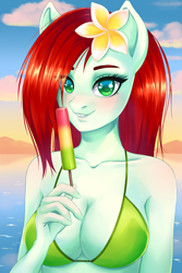 Size: 1407x2104 | Tagged: safe, artist:pinklemon23, derpibooru exclusive, oc, oc only, anthro, absolute cleavage, anthro oc, beach, bikini, blushing, breasts, cleavage, clothes, colored pupils, digital art, eye clipping through hair, female, flower, flower in hair, food, hair over one eye, looking at you, mare, popsicle, smiling, summer, sunset, swimsuit, water