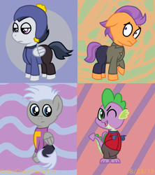 Size: 1600x1800 | Tagged: safe, artist:colorcodetheartist, chipcutter, rumble, spike, tender taps, dragon, earth pony, pegasus, pony, abstract background, clothes, clyde donovan, colt, craig tucker, crossover, finger gun, finger guns, male, south park, token black, tweek tweak, winged spike