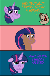 Size: 1050x1597 | Tagged: safe, artist:dashusethetrashcan, twilight sparkle, human, unicorn, crying, humanized, text, ugly, why am i ugly