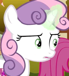 Size: 300x334 | Tagged: safe, screencap, scootaloo, sweetie belle, pony, unicorn, the big mac question, confused, cropped, female, filly, reaction image, solo focus