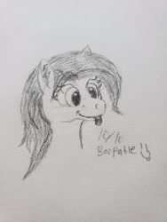 Size: 3024x4032 | Tagged: safe, artist:kalashnikitty, oc, oc:flugel, pony, black and white, boopable, cute, female, grayscale, happy, head, mare, monochrome, pencil drawing, sketch, solo, tongue out, traditional art